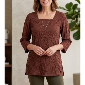 April Cornell Tunic Top L Square Neck Crinkle Textured 3/4 Sleeve Blouse